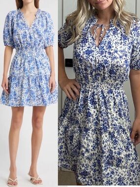 Rails Fiorella Dress Blue Marguerite Peplum Sleeves Shirred Waist Cottagecore